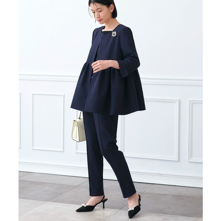 ネイビー(NE) | ノーカラーギャザーペプラムスリムパンツスーツ | RUIRUE BOUTIQUE