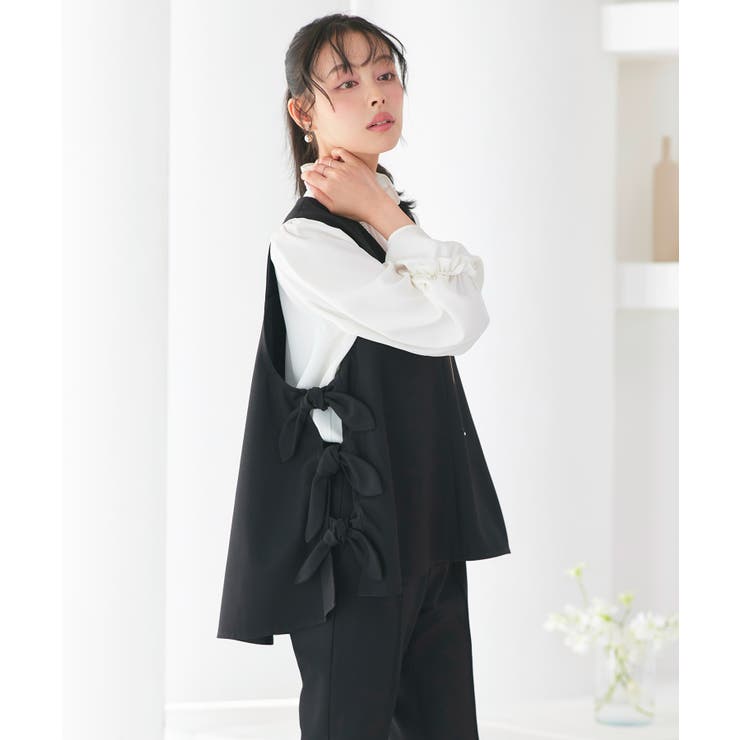 ブラック×ホワイト(BL) | 【3点set】ゆる洒落・サイドリボンジレ＆スリムテーパードパンツフリルブラウス | RUIRUE BOUTIQUE
