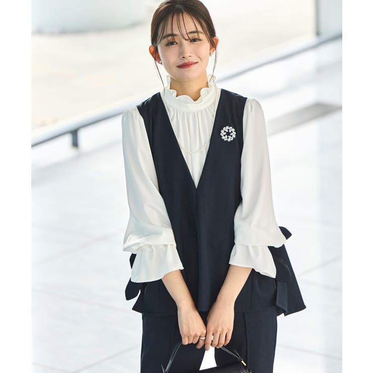 ネイビー×ホワイト(NE) | 【3点set】ゆる洒落・サイドリボンジレ＆スリムテーパードパンツフリルブラウス | RUIRUE BOUTIQUE