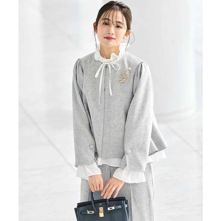 グレー×ホワイト(PGY) | ツイードジャケット＆セミフレアパンツ・セミシアーブラウス付き | RUIRUE BOUTIQUE