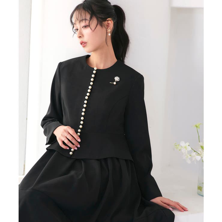 ブラック(BL) | ノーカラーパールペプラムワンピーススーツ | RUIRUE BOUTIQUE