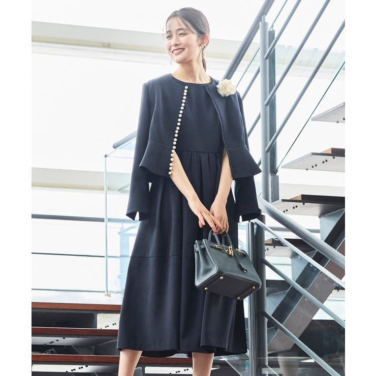 ダークネイビー(NE) | ノーカラーパールペプラムワンピーススーツ | RUIRUE BOUTIQUE