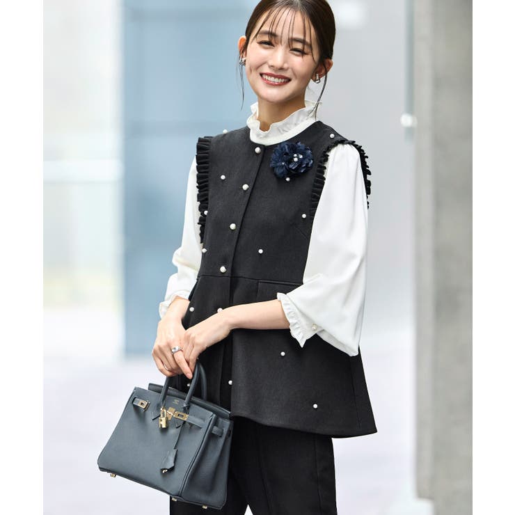 ブラック×ホワイト(BL) | 【3点set】ドレスアップ ペプラムジレ＆スリムテーパードパンツフリルブラウス付… | RUIRUE BOUTIQUE
