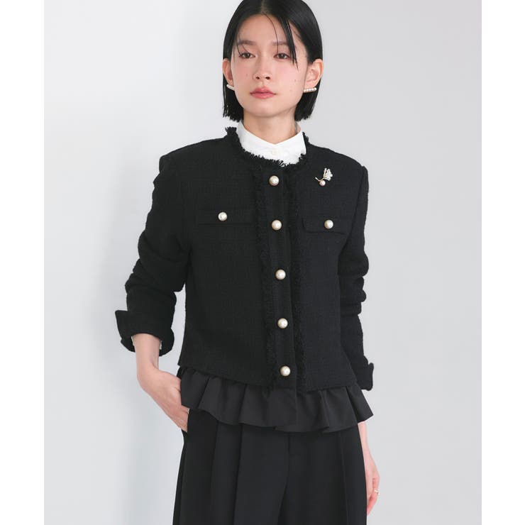 ブラック(BL) | ノーカラーツイードフリルワイドパンツスーツ | RUIRUE BOUTIQUE