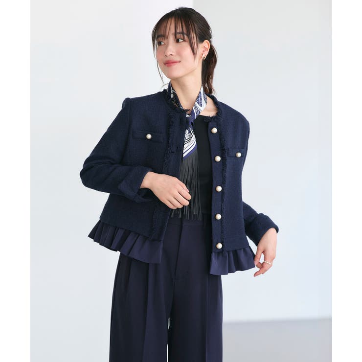 ネイビー(NE) | ノーカラーツイードフリルワイドパンツスーツ | RUIRUE BOUTIQUE