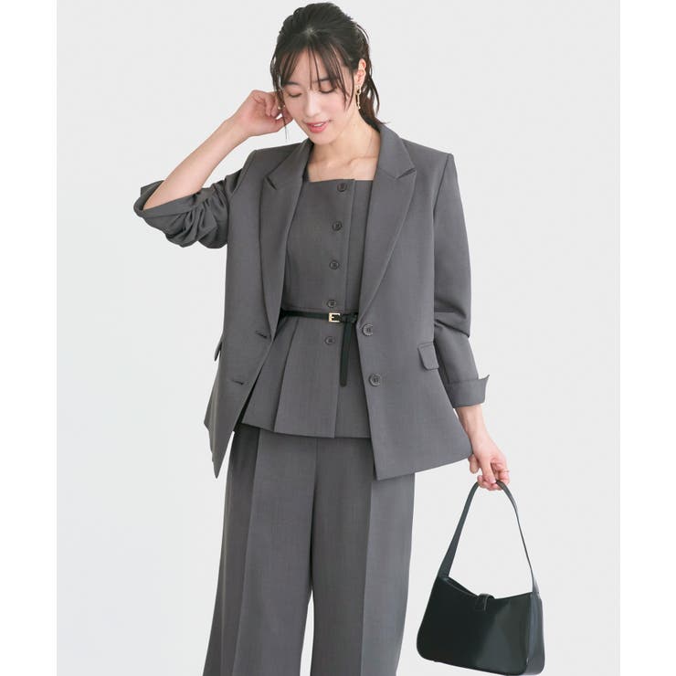 チャコール(DGY) | 【3点】ピークドラペルジャケット＆ペプラムジレ＆タックワイドパンツセット | RUIRUE BOUTIQUE