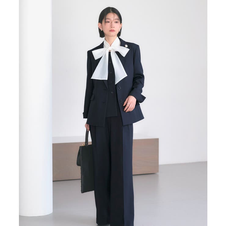 ネイビー(NE) | 【3点】ピークドラペルジャケット＆ペプラムジレ＆タックワイドパンツセット | RUIRUE BOUTIQUE