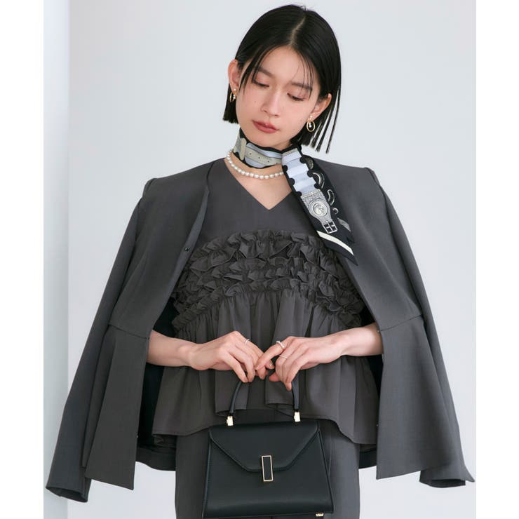 【3点】ノーカラージャケット＆フリルトップス＆スリムパンツセット | RUIRUE BOUTIQUE | 詳細画像7 