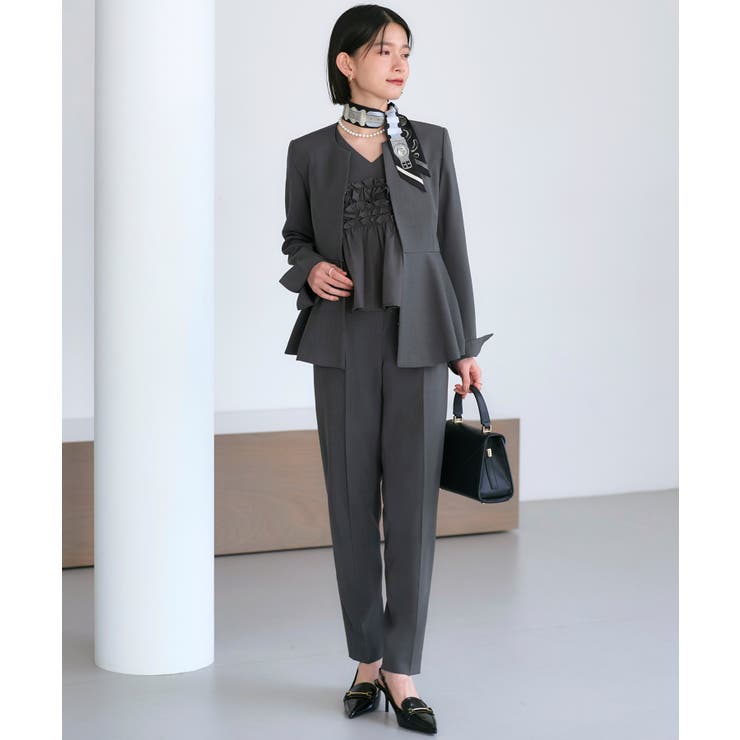 チャコール(DGY) | 【3点】ノーカラージャケット＆フリルトップス＆スリムパンツセット | RUIRUE BOUTIQUE
