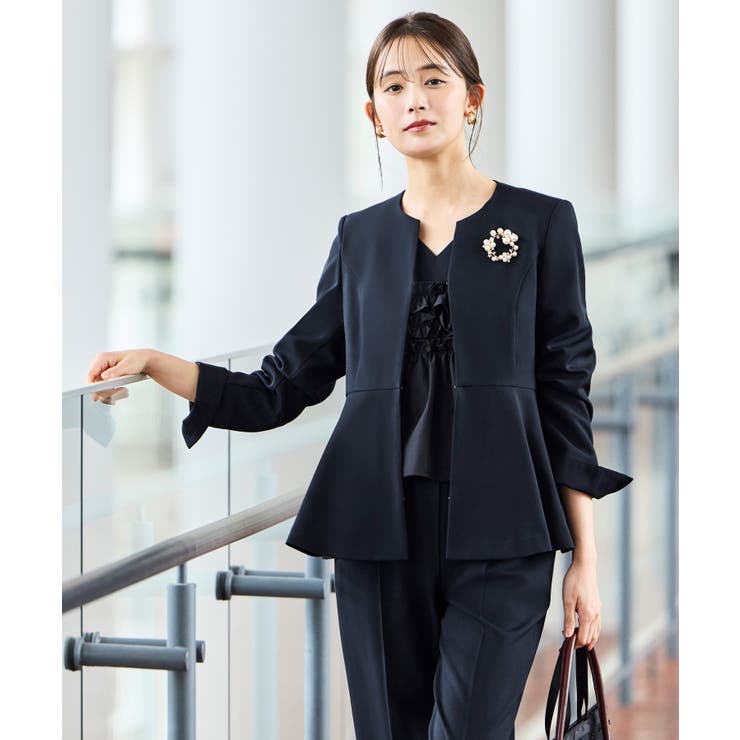 ネイビー(NE) | 【3点】ノーカラージャケット＆フリルトップス＆スリムパンツセット | RUIRUE BOUTIQUE