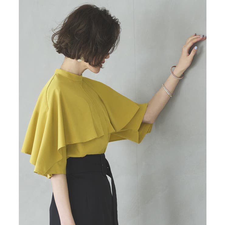 マスタード(DYE) | ピンタックケープスタンドカラーブラウス | RUIRUE BOUTIQUE