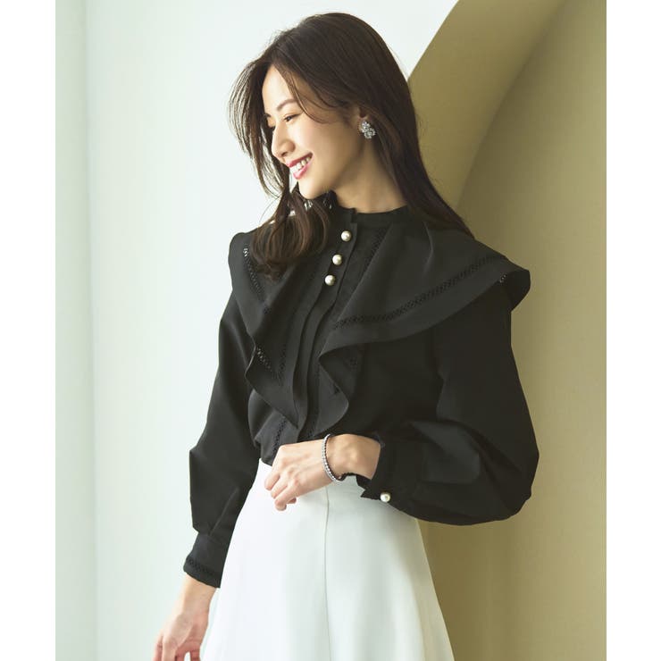ブラック(BL) | ハシゴレースケープカラー＆パールボタンロマンチックブラウス | RUIRUE BOUTIQUE