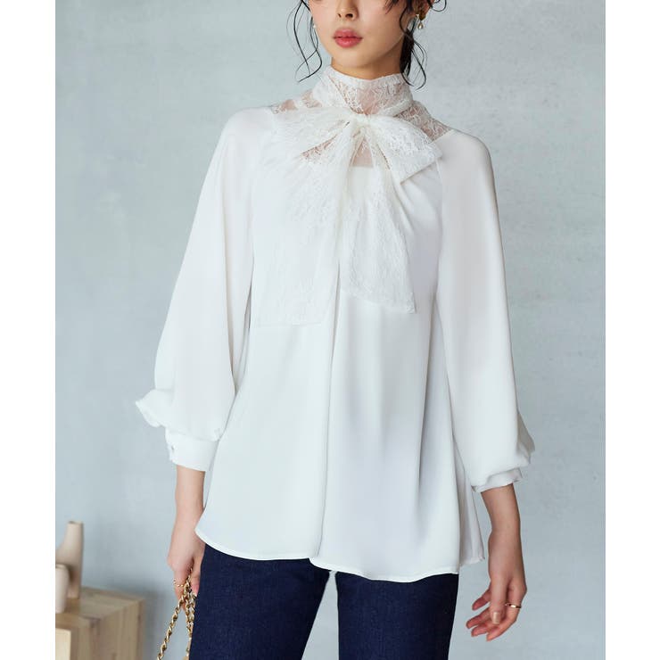 ホワイト(WH) | トライアングルレースボウタイブラウス | RUIRUE BOUTIQUE