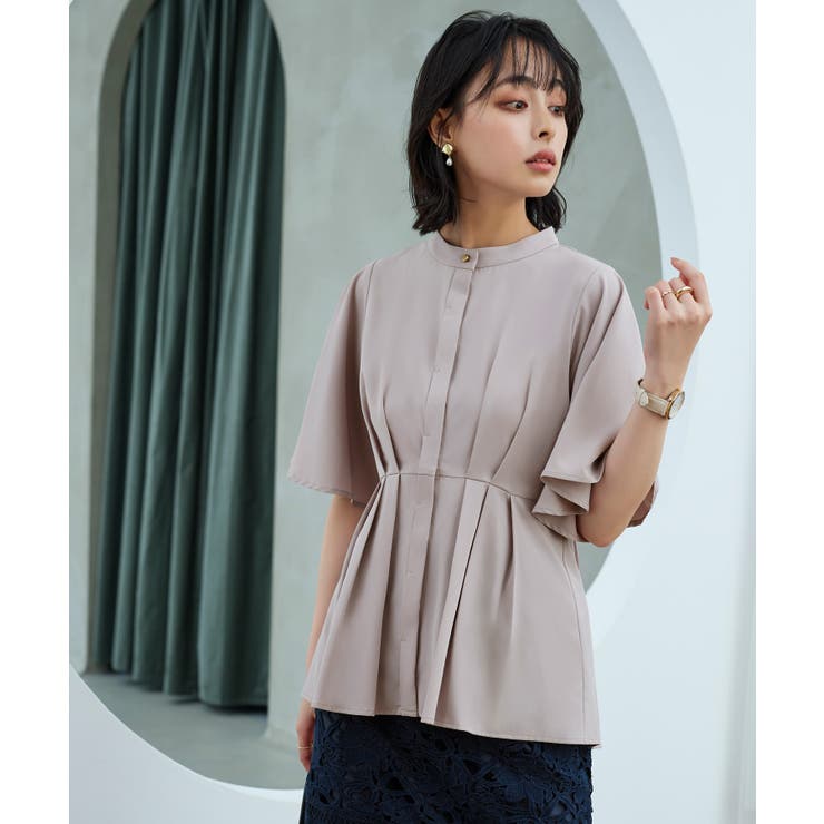 グレージュ(PGY) | ウエストタック・バンドカラーフレアブラウス | RUIRUE BOUTIQUE