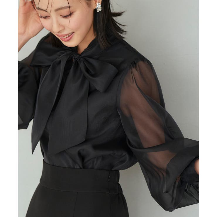 ブラック(BL) | タックスタンドカラー オーガンジーシアーボウタイブラウス | RUIRUE BOUTIQUE