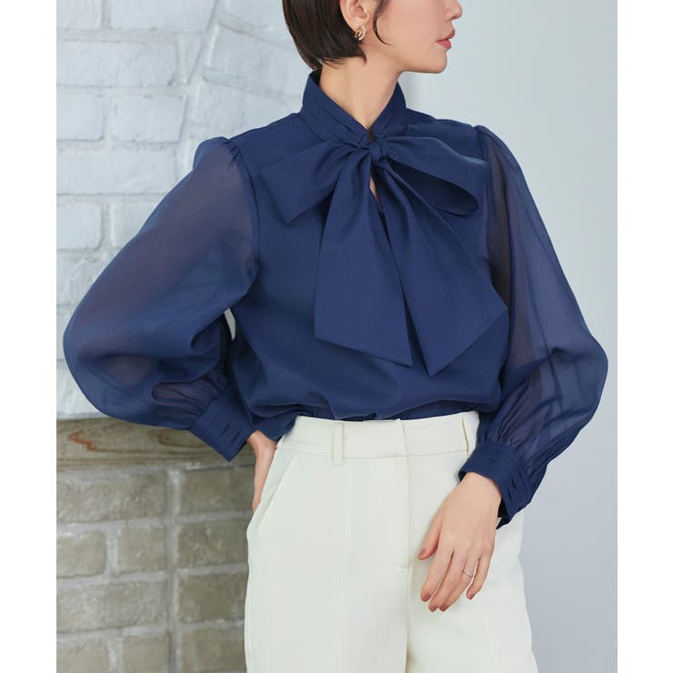 ネイビー(NE) | タックスタンドカラー オーガンジーシアーボウタイブラウス | RUIRUE BOUTIQUE
