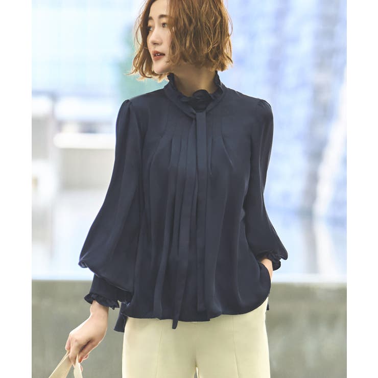 ネイビー(NE) | クラシカルフリル＆タックボウタイブラウス | RUIRUE BOUTIQUE