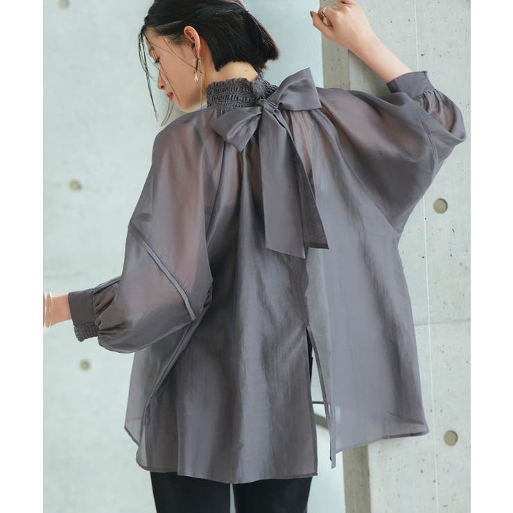 ダークグレー(DGY) | シアーボリュームバックリボンブラウス | RUIRUE BOUTIQUE