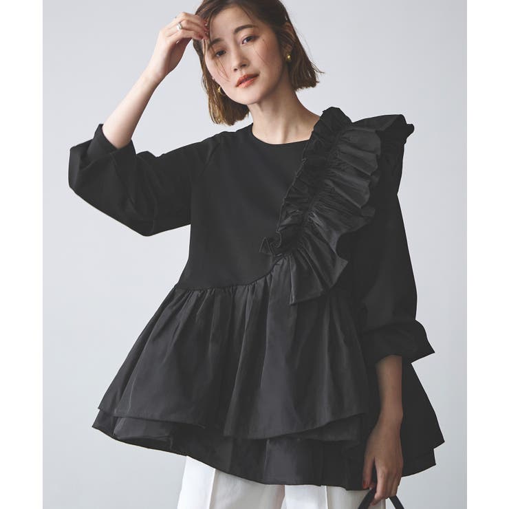 ブラック(BL) | ショルダーフリルペプラムトップス | RUIRUE BOUTIQUE