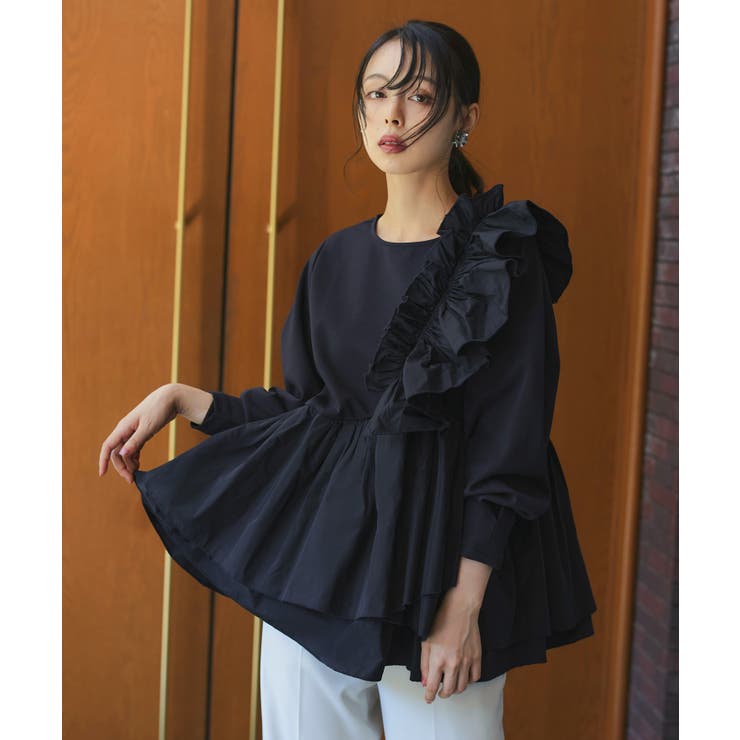 ネイビー(NE) | ショルダーフリルペプラムトップス | RUIRUE BOUTIQUE