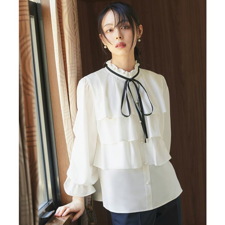 オフホワイト(WH) | バイカラーリボンティアードフリルブラウス | RUIRUE BOUTIQUE