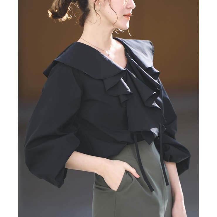 ブラック(BL) | ラッフルフリルカラーブラウス | RUIRUE BOUTIQUE