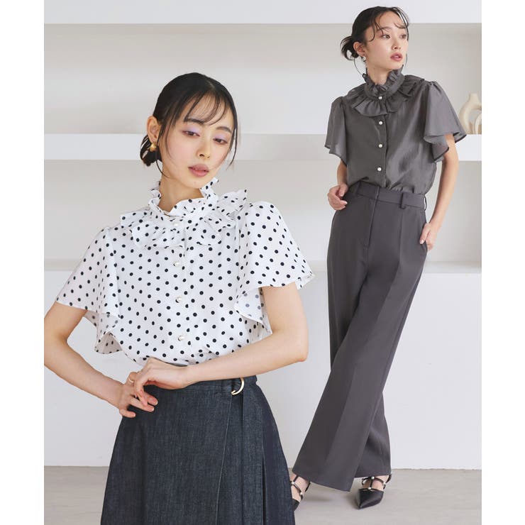 【洗える】選べる素材（シアー無地/ドット）フリルスタンドカラーブラウス | RUIRUE BOUTIQUE | 詳細画像1 