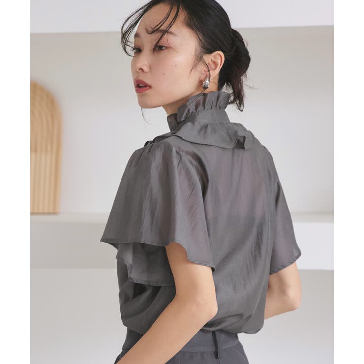 【洗える】選べる素材（シアー無地/ドット）フリルスタンドカラーブラウス | RUIRUE BOUTIQUE | 詳細画像6 