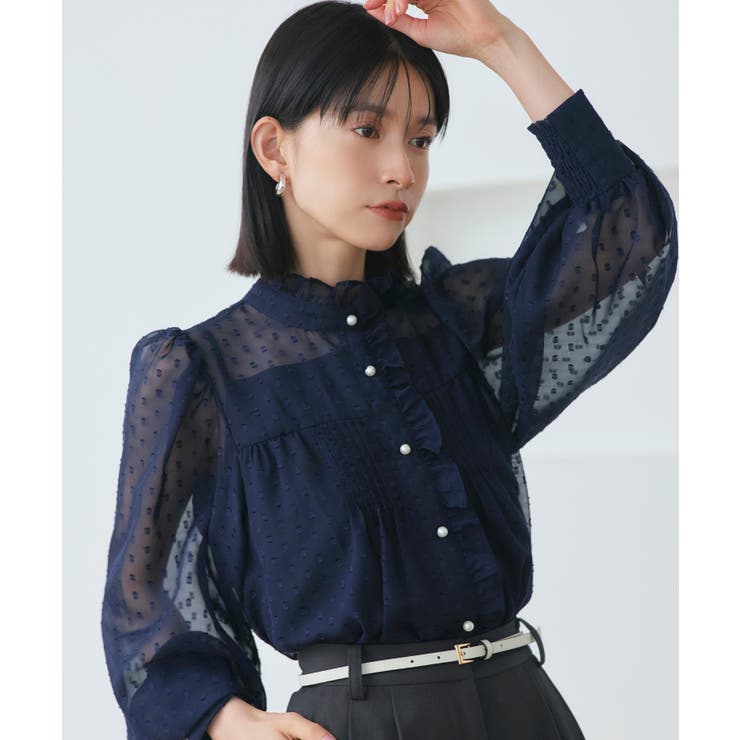 ネイビー(NE) | ドットシフォンピンタックブラウス | RUIRUE BOUTIQUE