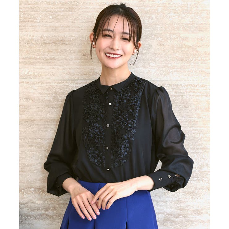 ブラック(BL) | レース切り替えウイングカラーブラウス | RUIRUE BOUTIQUE
