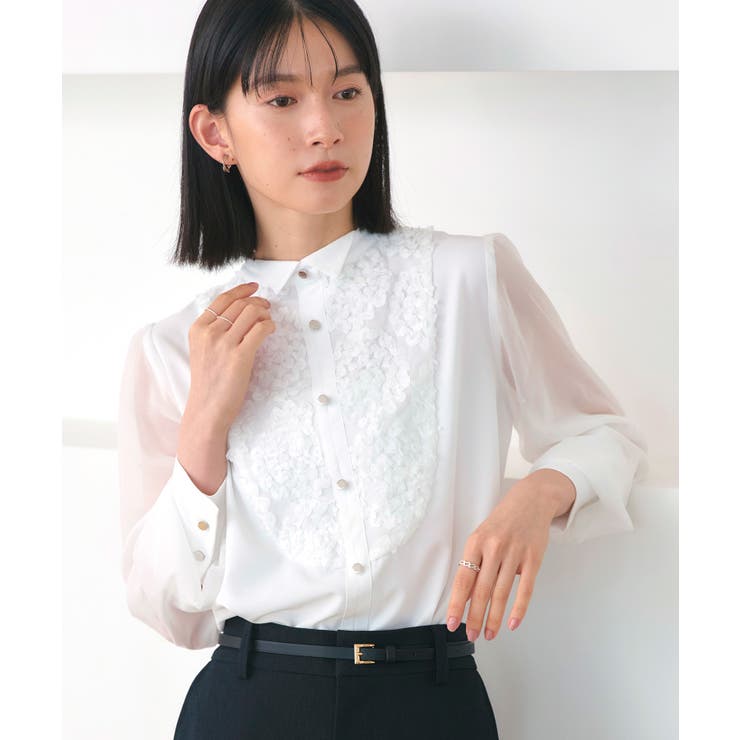 オフホワイト(WH) | レース切り替えウイングカラーブラウス | RUIRUE BOUTIQUE