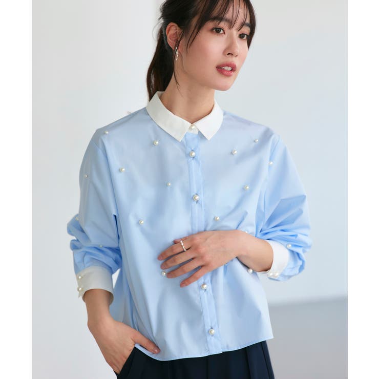 サックス(PBU) | パールドットクロップドシャツ | RUIRUE BOUTIQUE