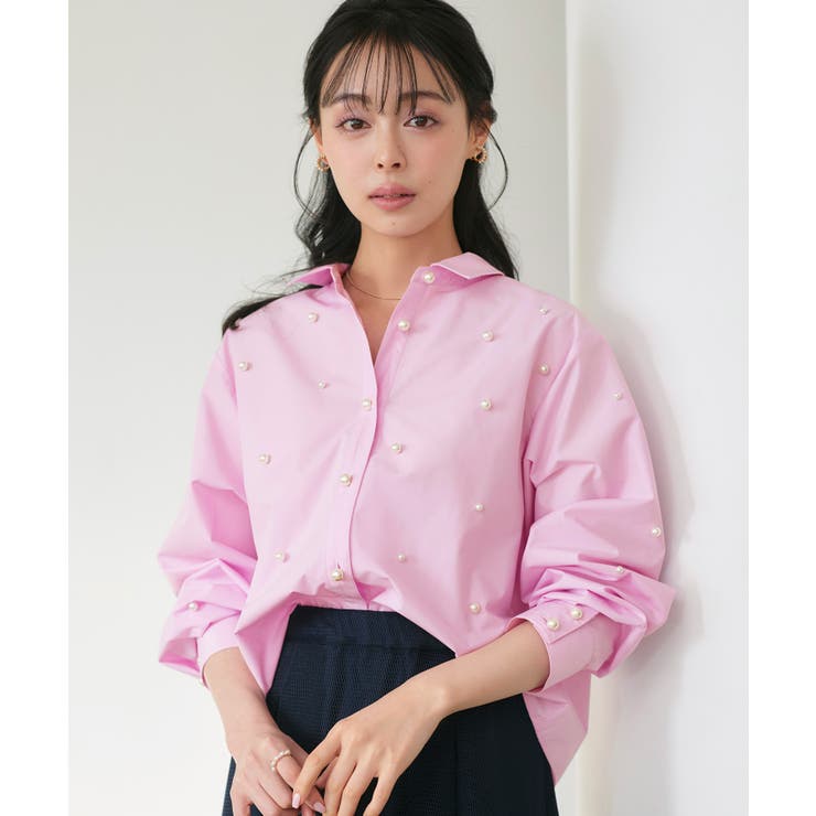 ピンク(PPN) | パールドットクロップドシャツ | RUIRUE BOUTIQUE