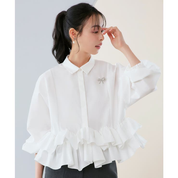ホワイト(WH) | ダブルフリルクロップドドルマンシャツ | RUIRUE BOUTIQUE