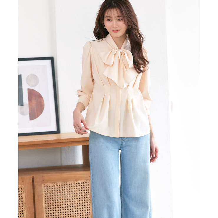 ベージュ(BE) | 【洗える】タック＆リボンシャツブラウス | RUIRUE BOUTIQUE
