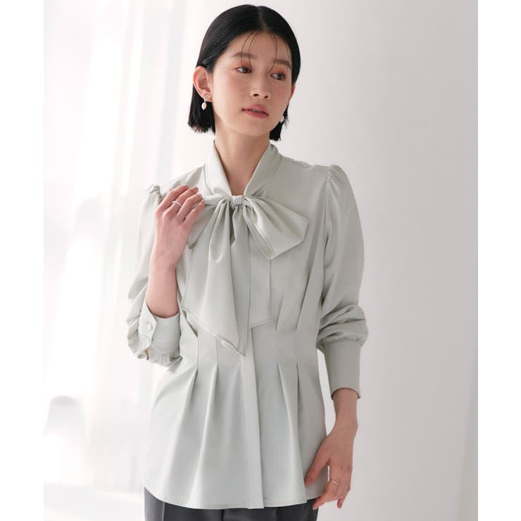 ライトグレー(PGY) | 【洗える】タック＆リボンシャツブラウス | RUIRUE BOUTIQUE