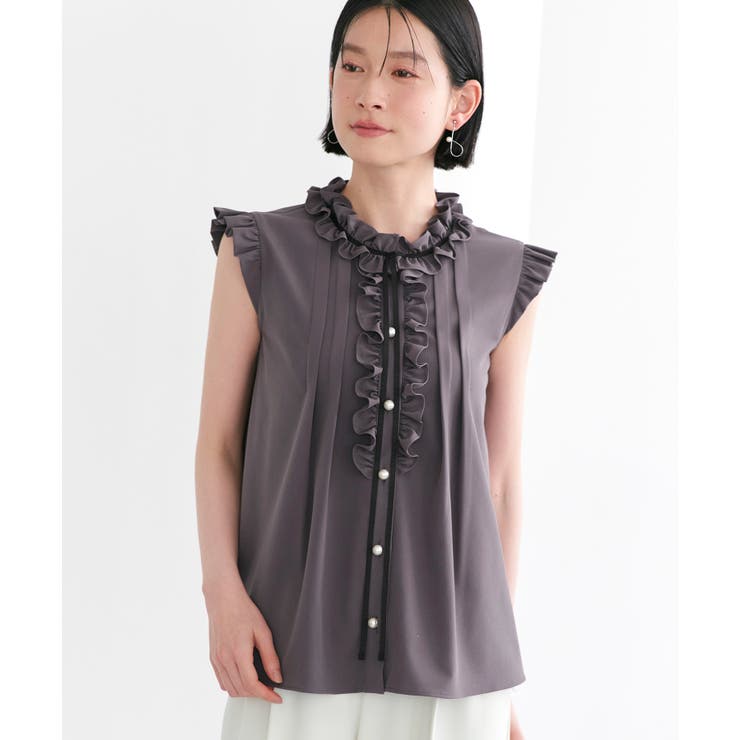 ダークグレー(DGY) | フリルカラー×グログランリボンパールブラウス | RUIRUE BOUTIQUE