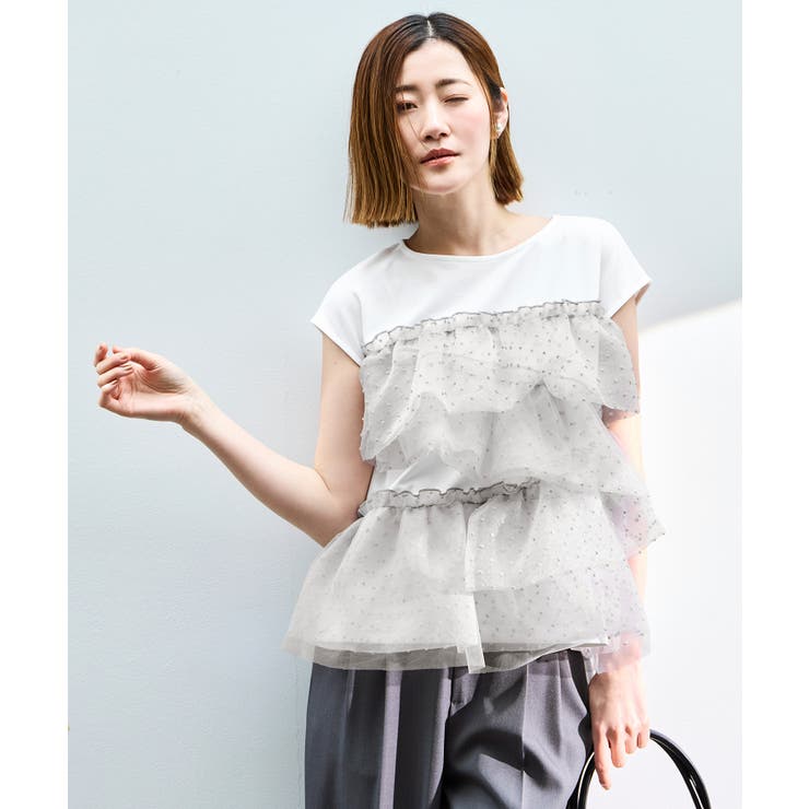 ホワイト×ライトグレー(WHZ) | シアードット×チュール デザイントップス | RUIRUE BOUTIQUE