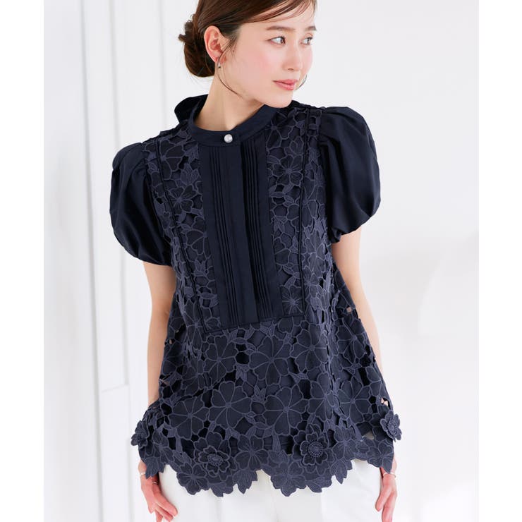 ネイビー(NE) | 2WAYリボンフラワーモチーフレースブラウス | RUIRUE BOUTIQUE
