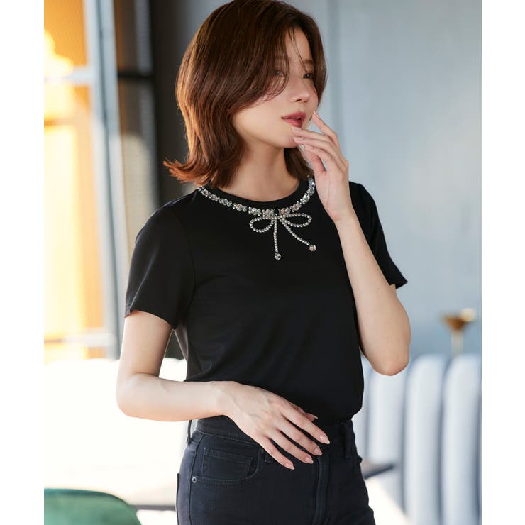 ブラック(BL) | 【洗える】ドレスTシャツ（ビジューリボン） | RUIRUE BOUTIQUE