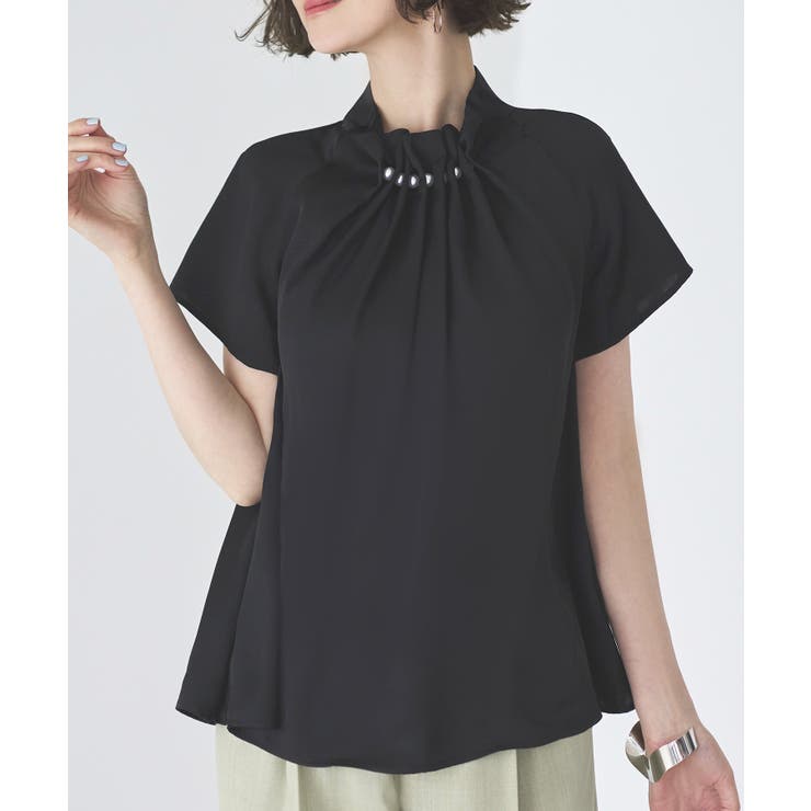 半袖/ブラック(3BL) | ウエーブタックパールブラウス | RUIRUE BOUTIQUE