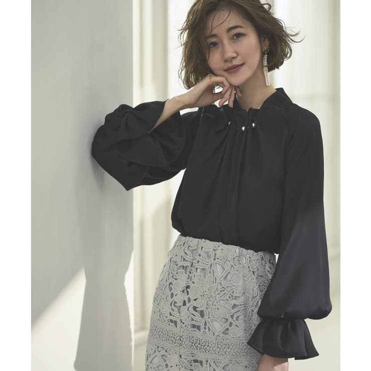 長袖/ブラック(BL) | ウエーブタックパールブラウス | RUIRUE BOUTIQUE