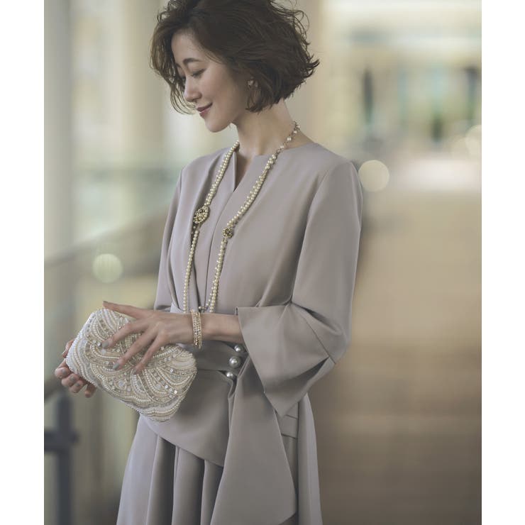 グレージュ(GY) | ウエストパールフレアワンピース | RUIRUE BOUTIQUE