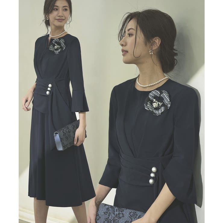 ネイビー(NE) | ウエストパールフレアワンピース | RUIRUE BOUTIQUE