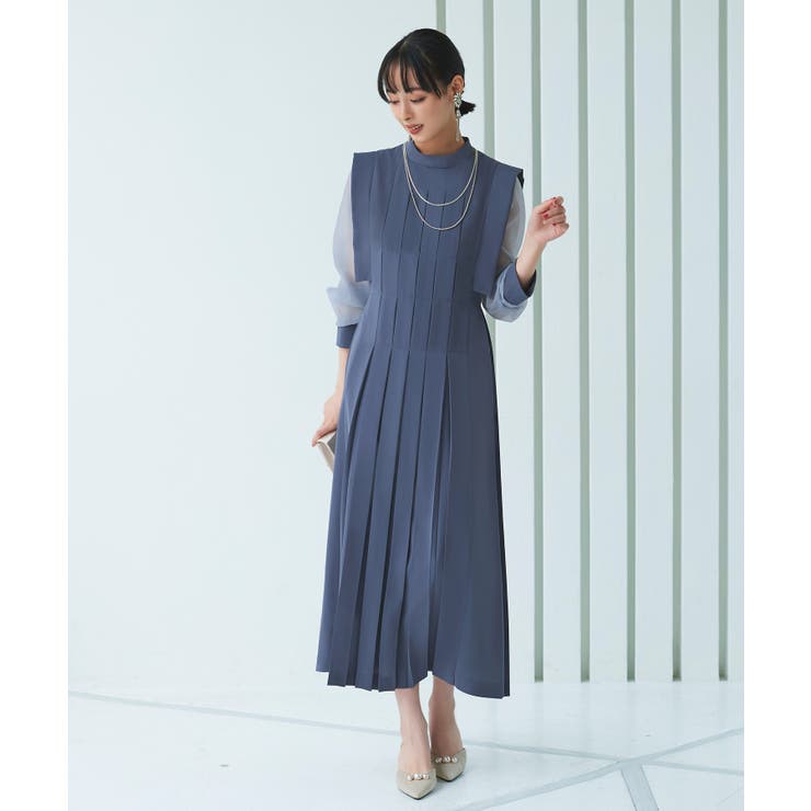 ブルーグレー(DGY) | シアースリーブプリーツロングワンピース | RUIRUE BOUTIQUE