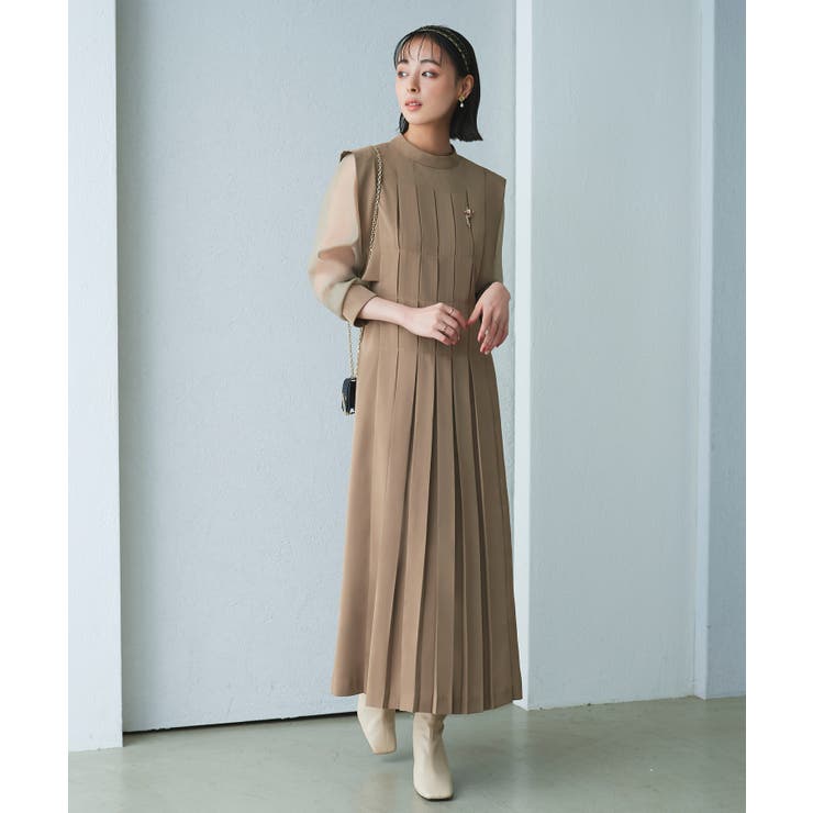 ブラウン(PBR) | シアースリーブプリーツロングワンピース | RUIRUE BOUTIQUE
