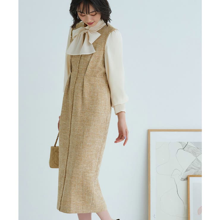 ベージュ×オフホワイト(BE) | ミックスツイードコンビ・ロングナローワンピースドレス | RUIRUE BOUTIQUE