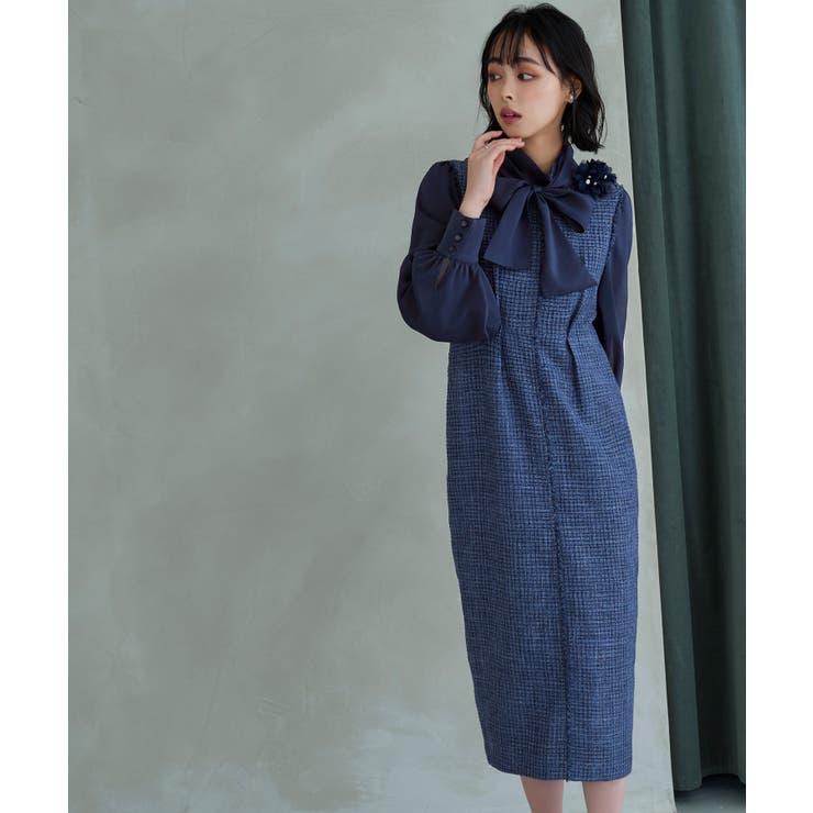 ネイビー×ネイビー(NE) | ミックスツイードコンビ・ロングナローワンピースドレス | RUIRUE BOUTIQUE