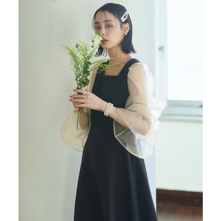 ブラック×ベージュ(BLZ) | オーガンジースリーブ フレアワンピースドレス | RUIRUE BOUTIQUE