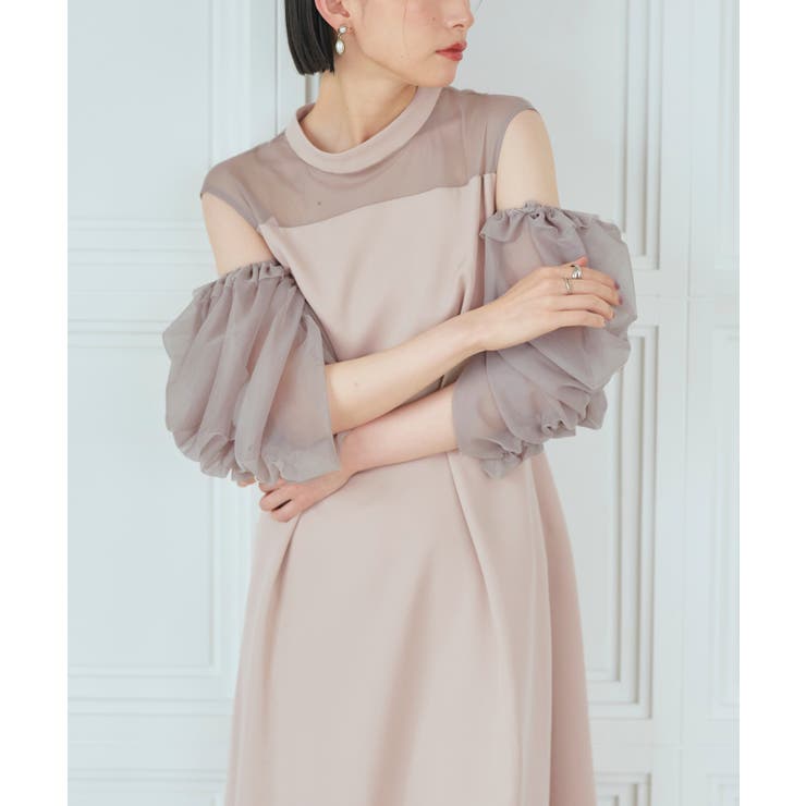 ピンクベージュ(BE) | ギャザーシアースリーブフレアドレス[付け袖] | RUIRUE BOUTIQUE